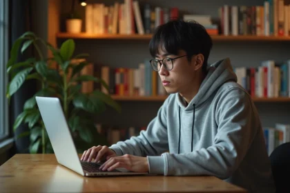 Homme consultant un site de streaming manga sur son ordinateur portable dans un bureau à domicile