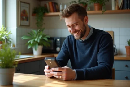Homme souriant avec téléphone Sony Ericsson dans une cuisine chaleureuse