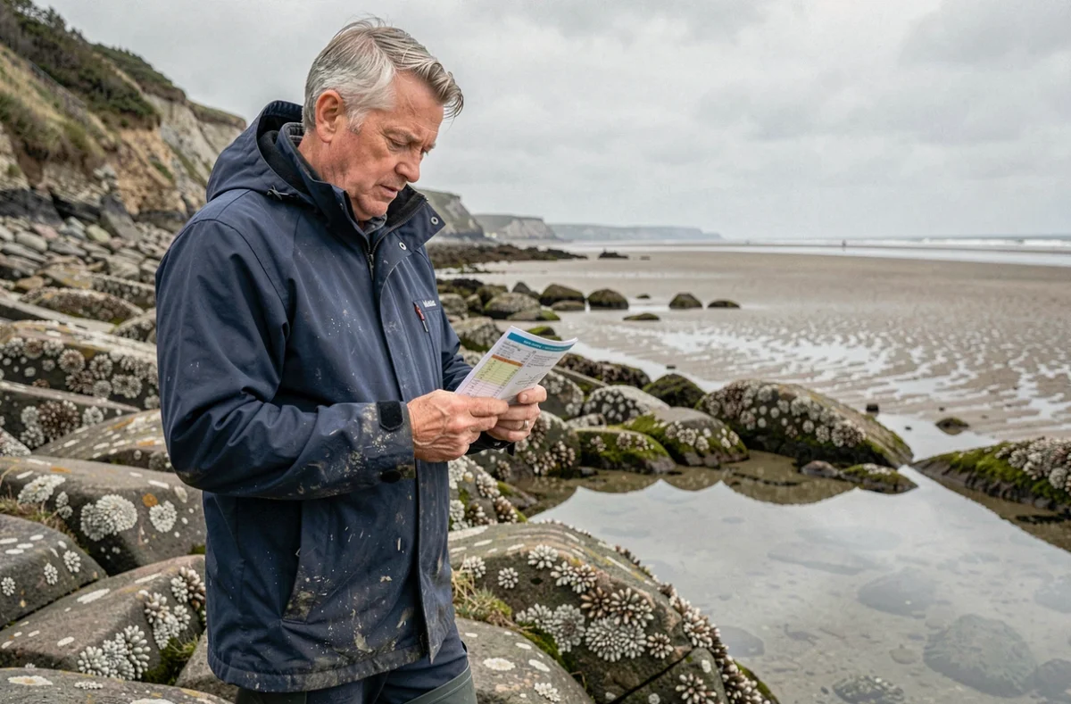 Homme consultant les horaires des marées sur la côte rocheuse de Saint-Brieuc à marée basse