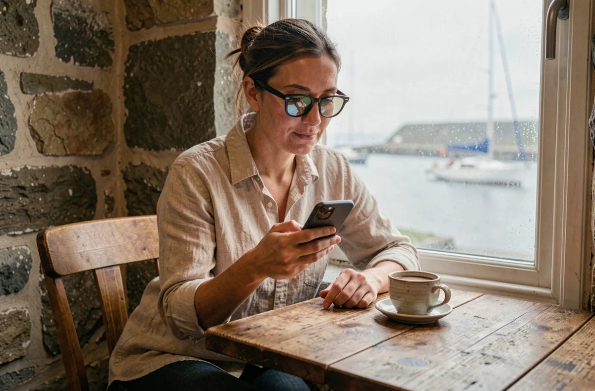 Femme consultant les horaires de marée de Saint-Brieuc sur son smartphone dans un café breton