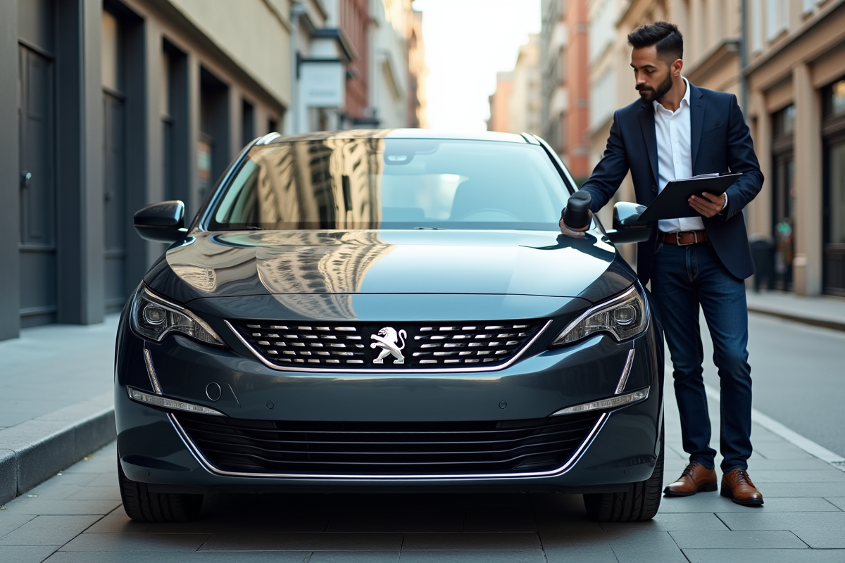 Personne inspectant une Peugeot 408 en ville avec un clipboard