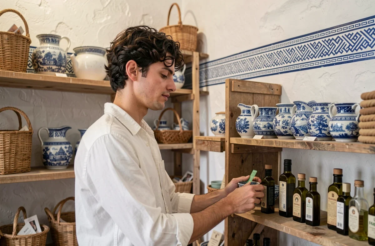 Intérieur de boutique au décor grec avec étagères en bois, céramiques bleues et blanches et ambiance méditerranéenne artisanale