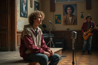 Jeune homme avec micro dans une salle de répétition vintage