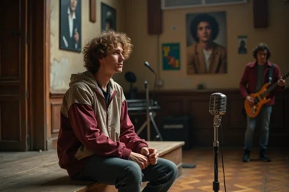 Jeune homme avec micro dans une salle de répétition vintage