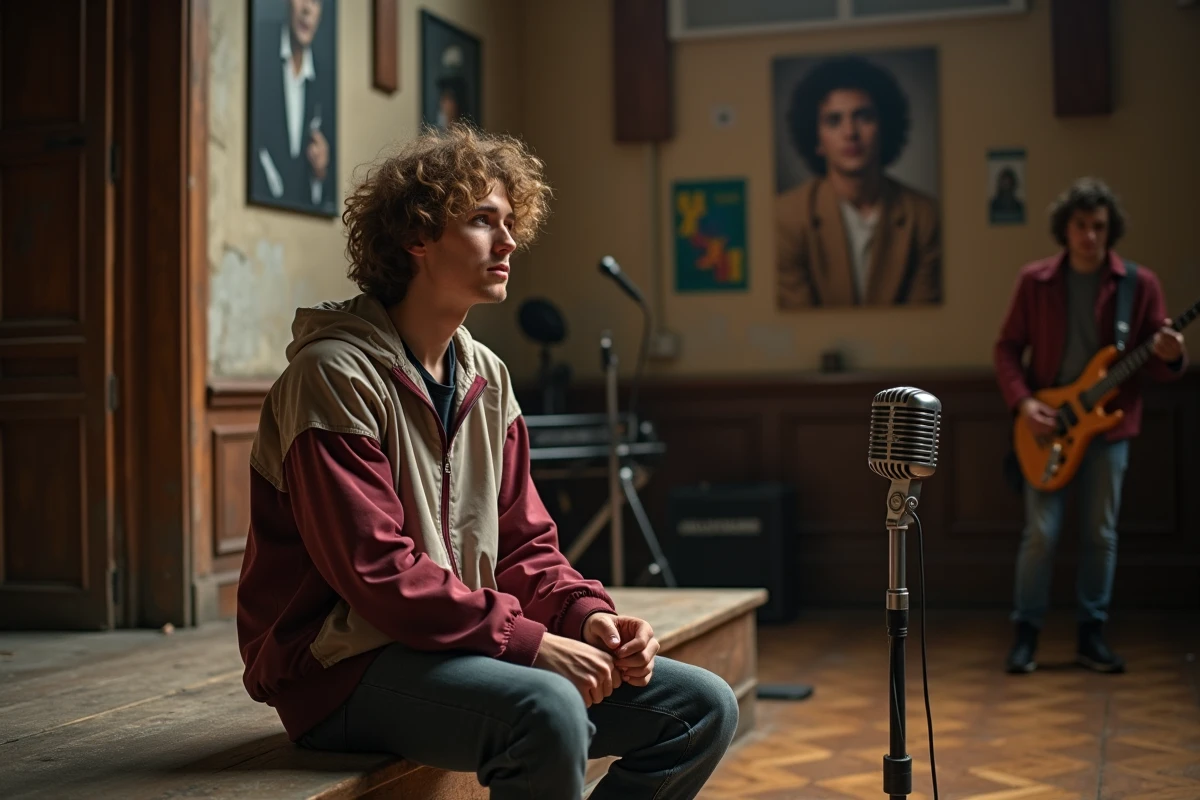 Jeune homme avec micro dans une salle de répétition vintage