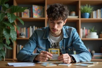 Jeune homme examine cartes Pokémon rares à son bureau