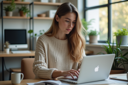 Jeune femme concentrée sur son ordinateur dans un bureau lumineux