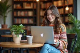 Jeune femme souriante avec ordinateur dans un café
