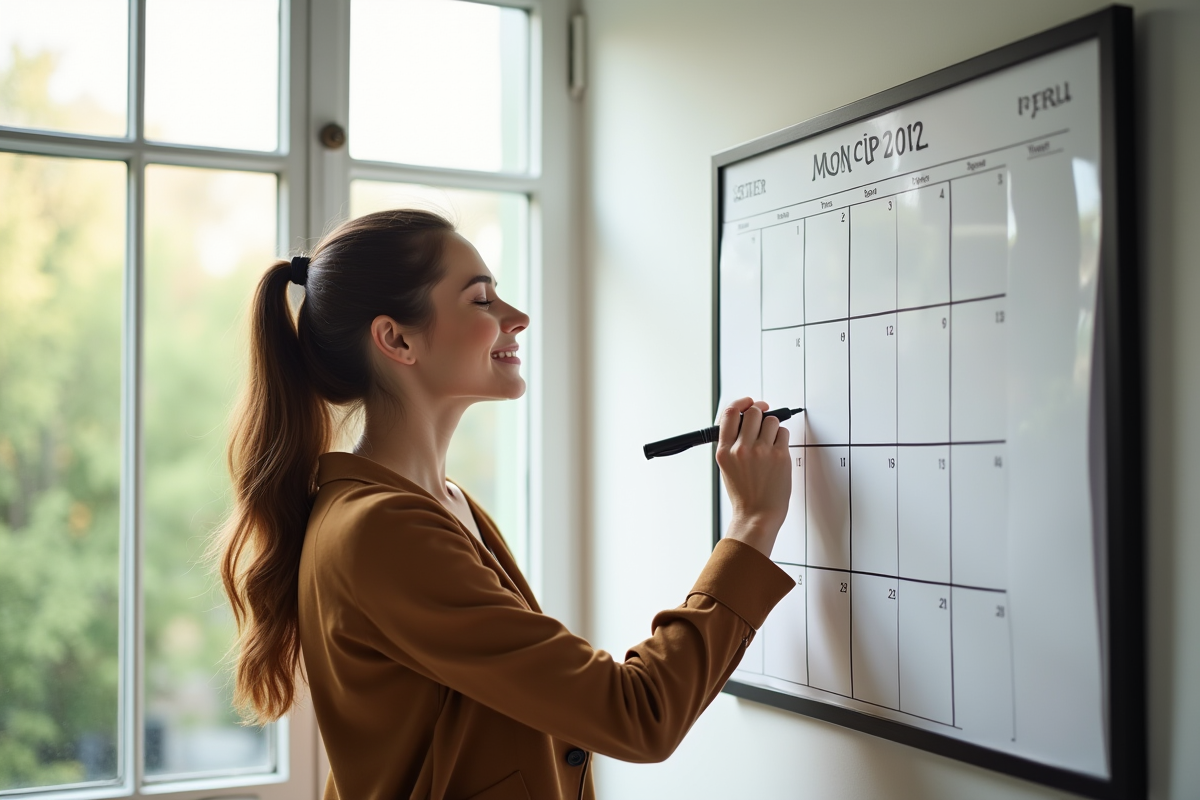Jeune femme souriante écrivant sur un calendrier mural