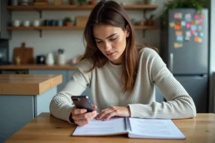 Jeune femme concentrée avec smartphone dans une cuisine moderne