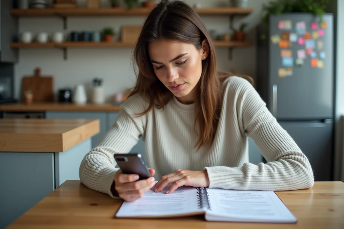 Jeune femme concentrée avec smartphone dans une cuisine moderne