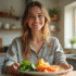 Jeune femme souriante dans une cuisine moderne avec aliments riches en vitamine B12