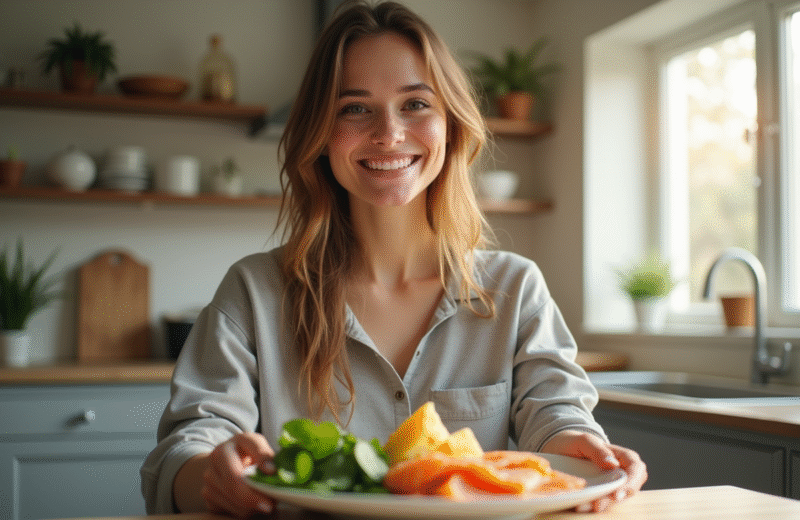 Jeune femme souriante dans une cuisine moderne avec aliments riches en vitamine B12