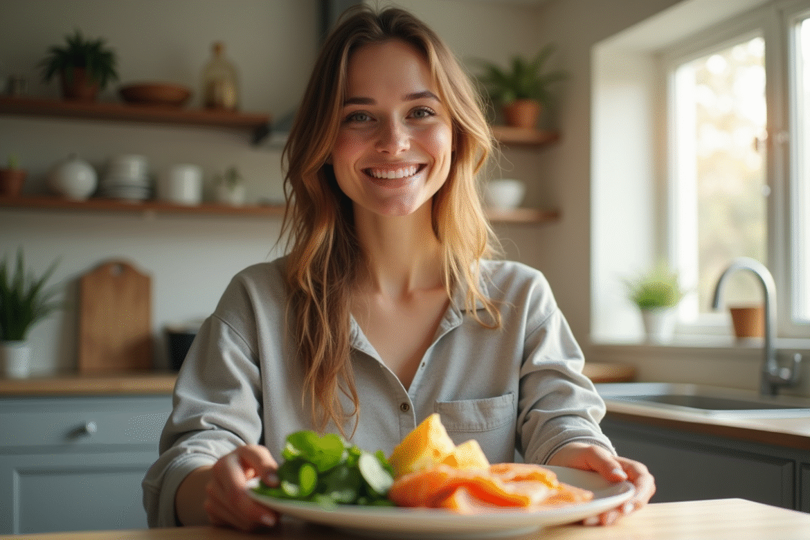Jeune femme souriante dans une cuisine moderne avec aliments riches en vitamine B12