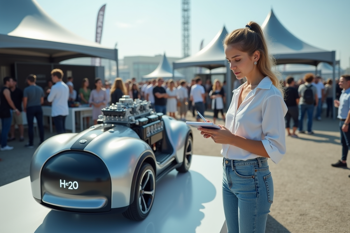Jeune journaliste automobile note devant moteur water