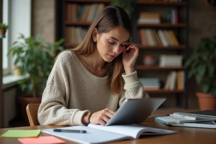 Jeune femme concentrée sur une tablette dans un bureau cosy