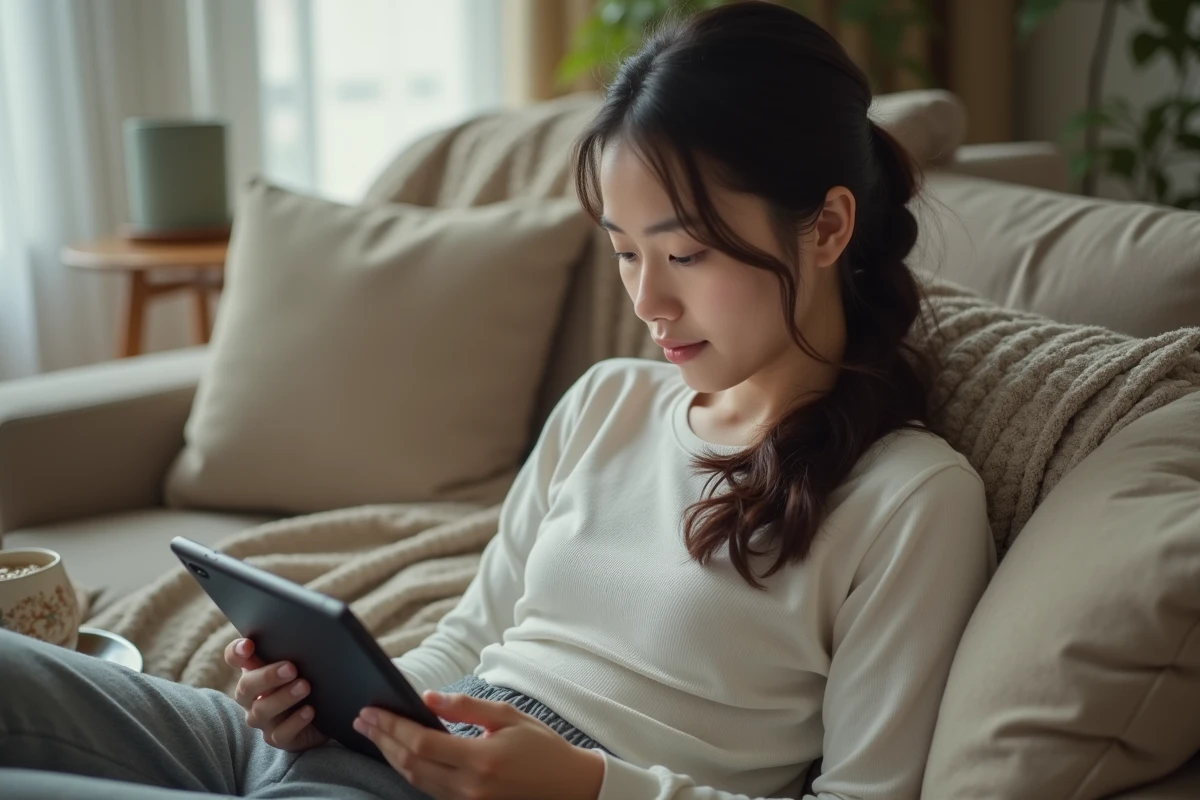 Jeune femme lisant des mangas sur tablette allongée dans un salon moderne