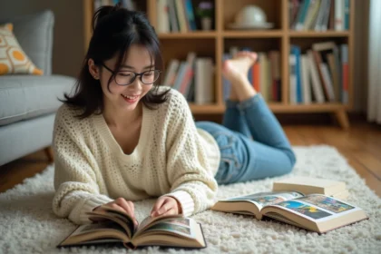 Jeune femme asiatique lisant manga dans un salon cosy
