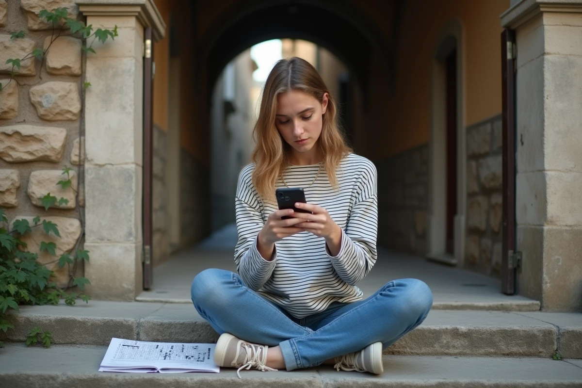 Jeune femme cherchant une ville italienne en 6 lettres sur son téléphone avec un mots croisés