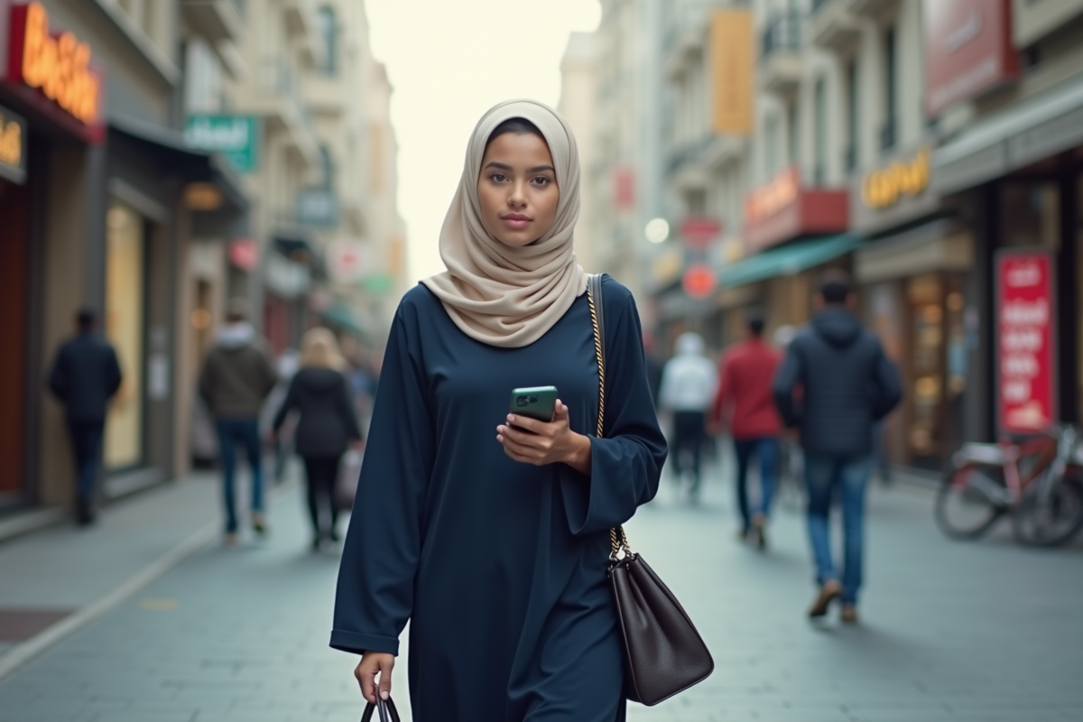 Jeune femme musulmane en abaya dans la ville animée