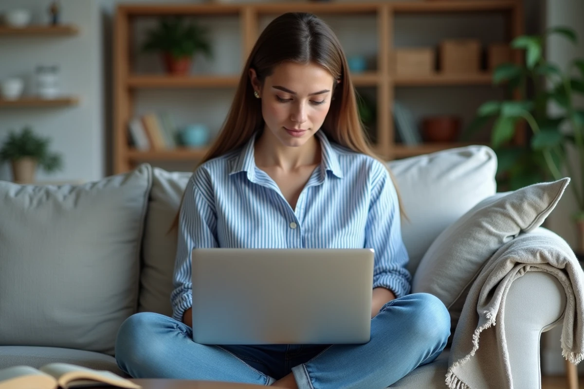 Jeune femme sur un canapé consultant un site en ligne pour apprendre la règle d'orthographe des allers-retours
