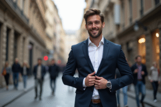 Jeune homme en costume dans une rue urbaine européenne