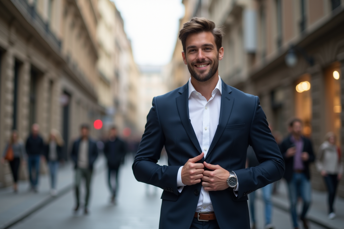 Jeune homme en costume dans une rue urbaine européenne