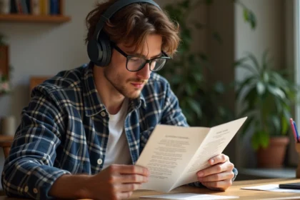 Jeune homme écoute musique et lit des paroles françaises