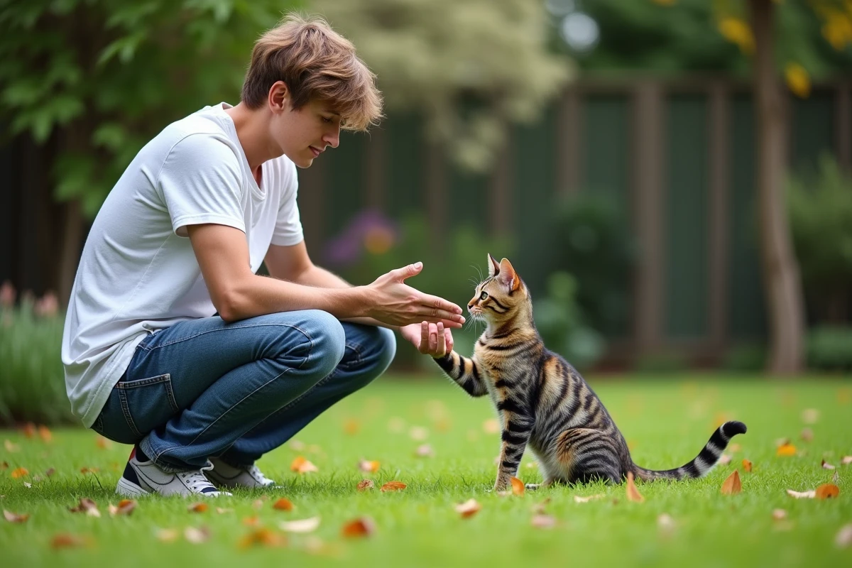 Jeune homme avec un chat gemini dans le jardin