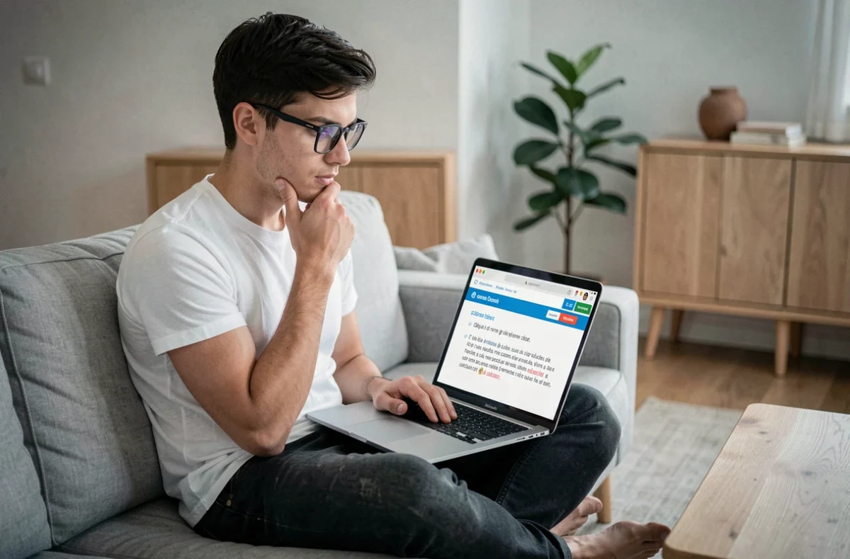 Jeune homme consultant un site de grammaire française sur son ordinateur portable pour comprendre la règle du 'si'