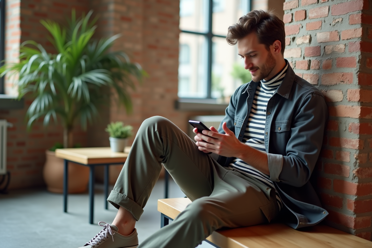 Jeune homme dans un loft lisant sur un banc