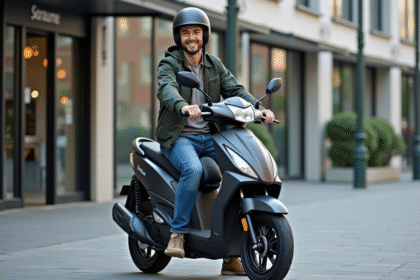 Jeune homme souriant sur une moto 125cc en ville