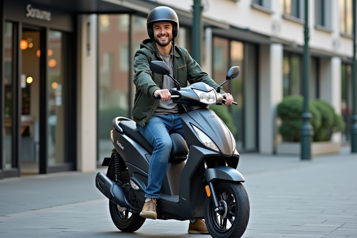 Jeune homme souriant sur une moto 125cc en ville