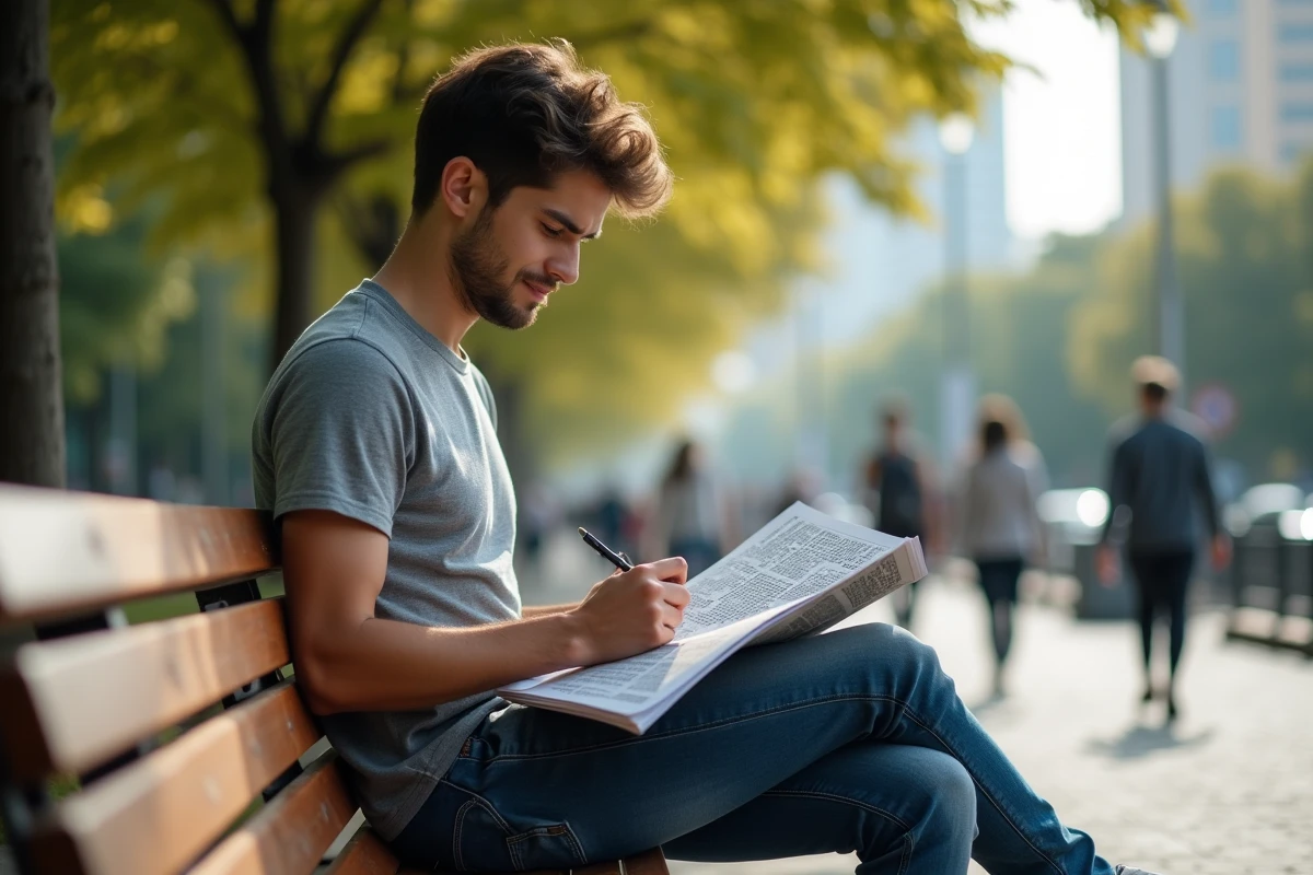 Jeune homme résolvant un mot croise dans un parc en plein air