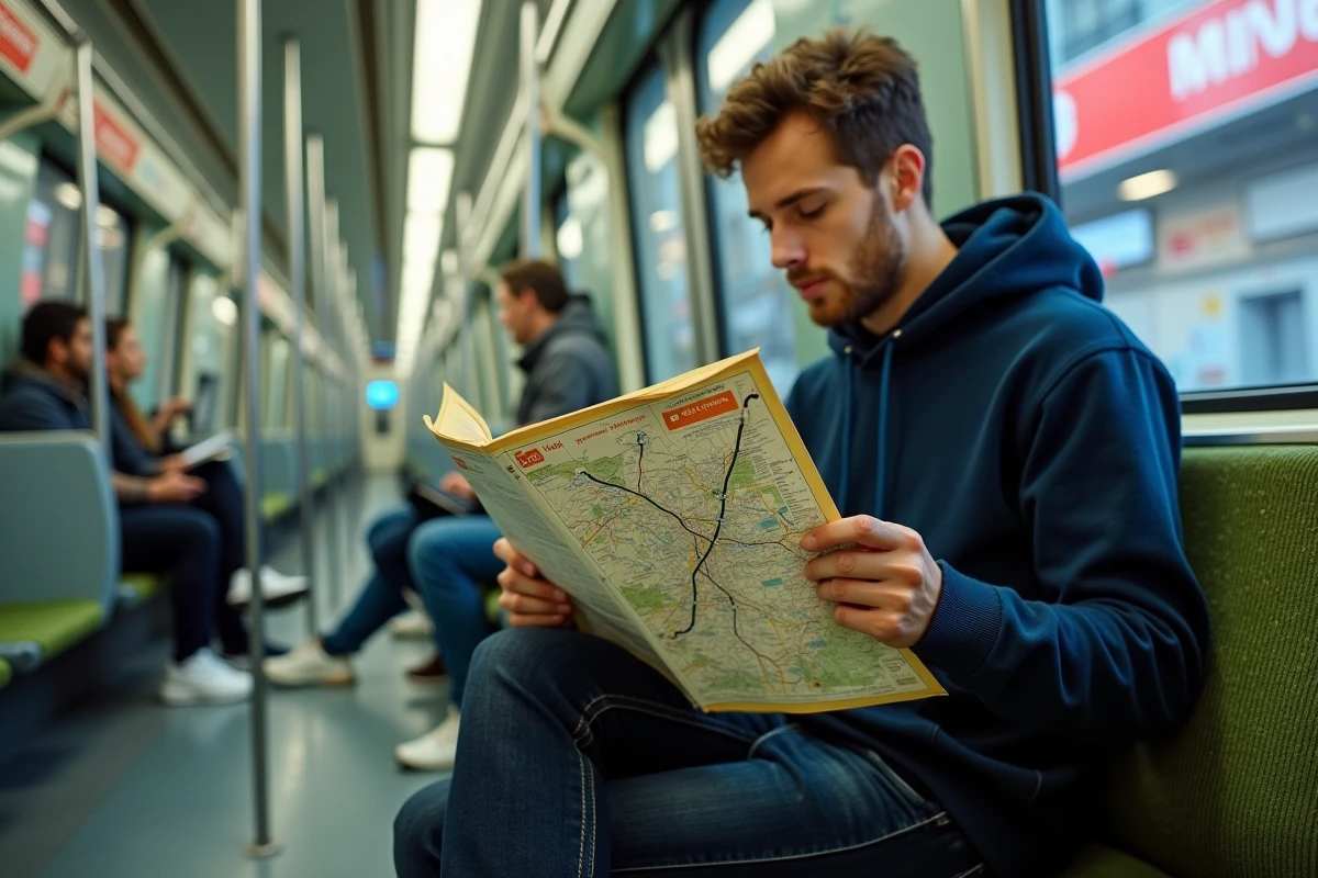 Jeune homme lisant le plan mis à jour de la ligne 10 dans une rame de métro