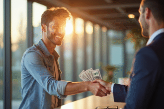 Jeune homme souriant dans une banque moderne remet de l'argent