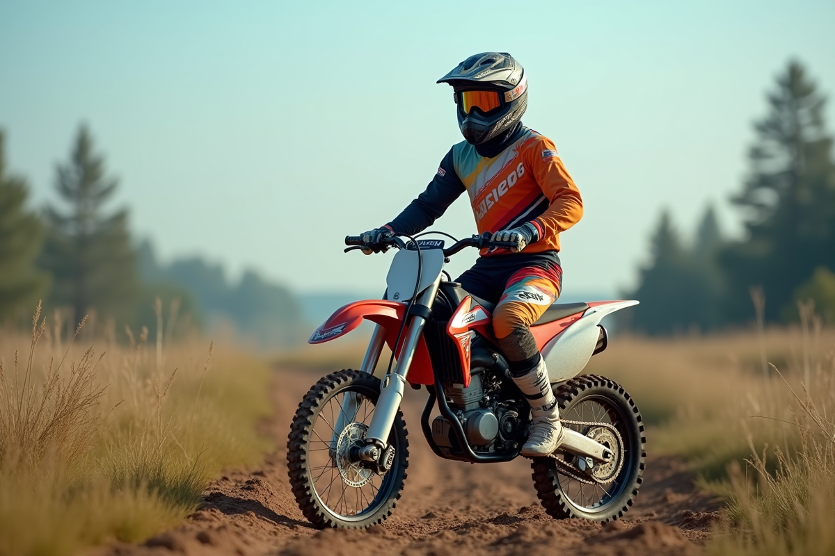 Jeune motard en gear coloré à côté d'une moto 125cc en plein air