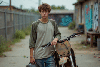 Jeune homme avec casque et moto en milieu urbain