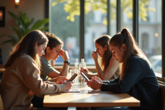Jeunes adultes assis au café avec smartphones montrant déconnexion