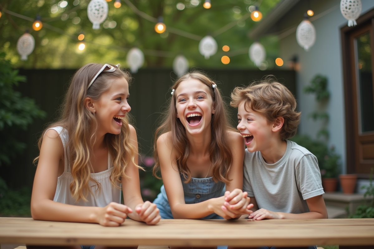 Trois adolescents jouant à un jeu en extérieur