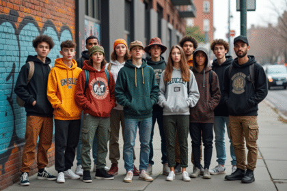 Groupe de jeunes en streetwear devant un mur graffiti