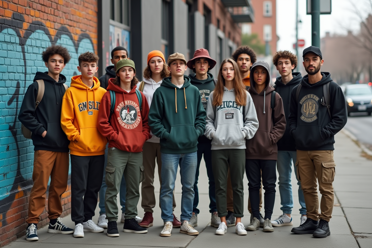 Groupe de jeunes en streetwear devant un mur graffiti