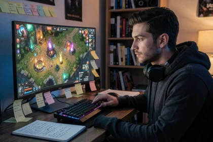 Joueur adulte concentré devant un écran de RPG fantasy avec carte de donjon et notes de stratégie manuscrites pour progresser dans un jeu en ligne