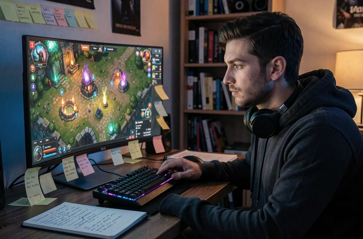 Joueur adulte concentré devant un écran de RPG fantasy avec carte de donjon et notes de stratégie manuscrites pour progresser dans un jeu en ligne