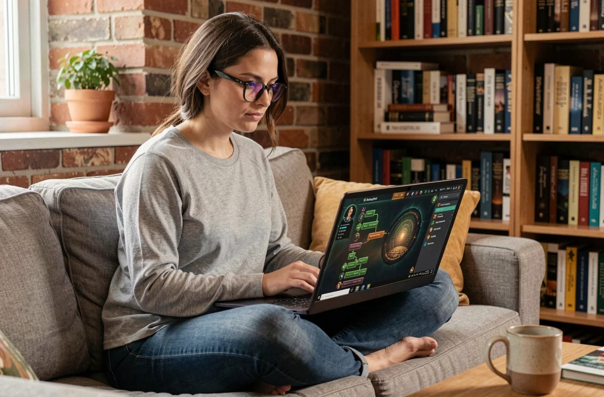 Joueuse adulte sur canapé avec laptop affichant un interface de jeu RPG avec arbre de progression et accès aux donjons pour personnage de haut niveau