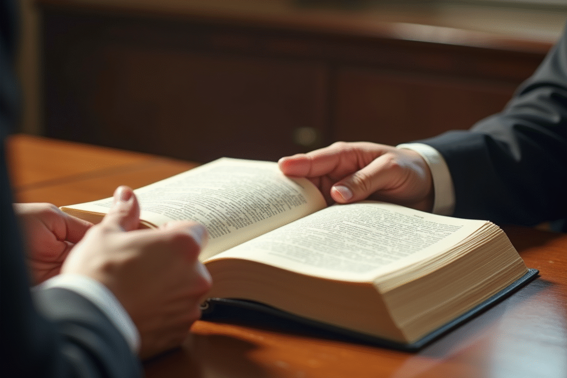 Main de juge tenant un livre de droit civil ouvert