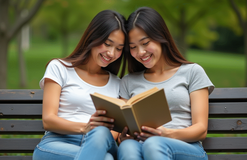Jumeaux conjoins assises sur un banc lisant un livre