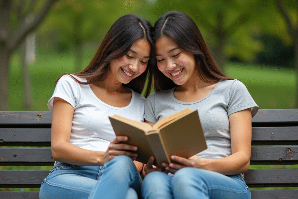 Jumeaux conjoins assises sur un banc lisant un livre