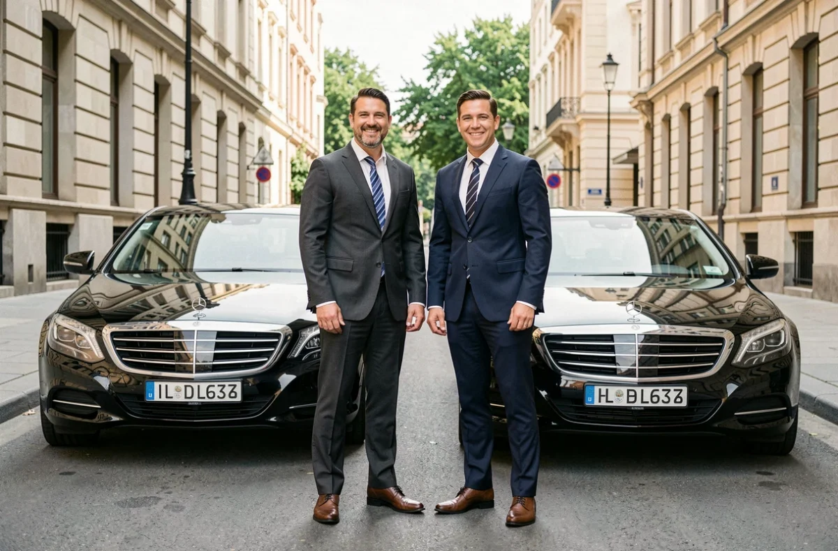 Deux chauffeurs Jumeaux VTC en costume sombre identique devant deux berlines noires alignées sur une rue urbaine