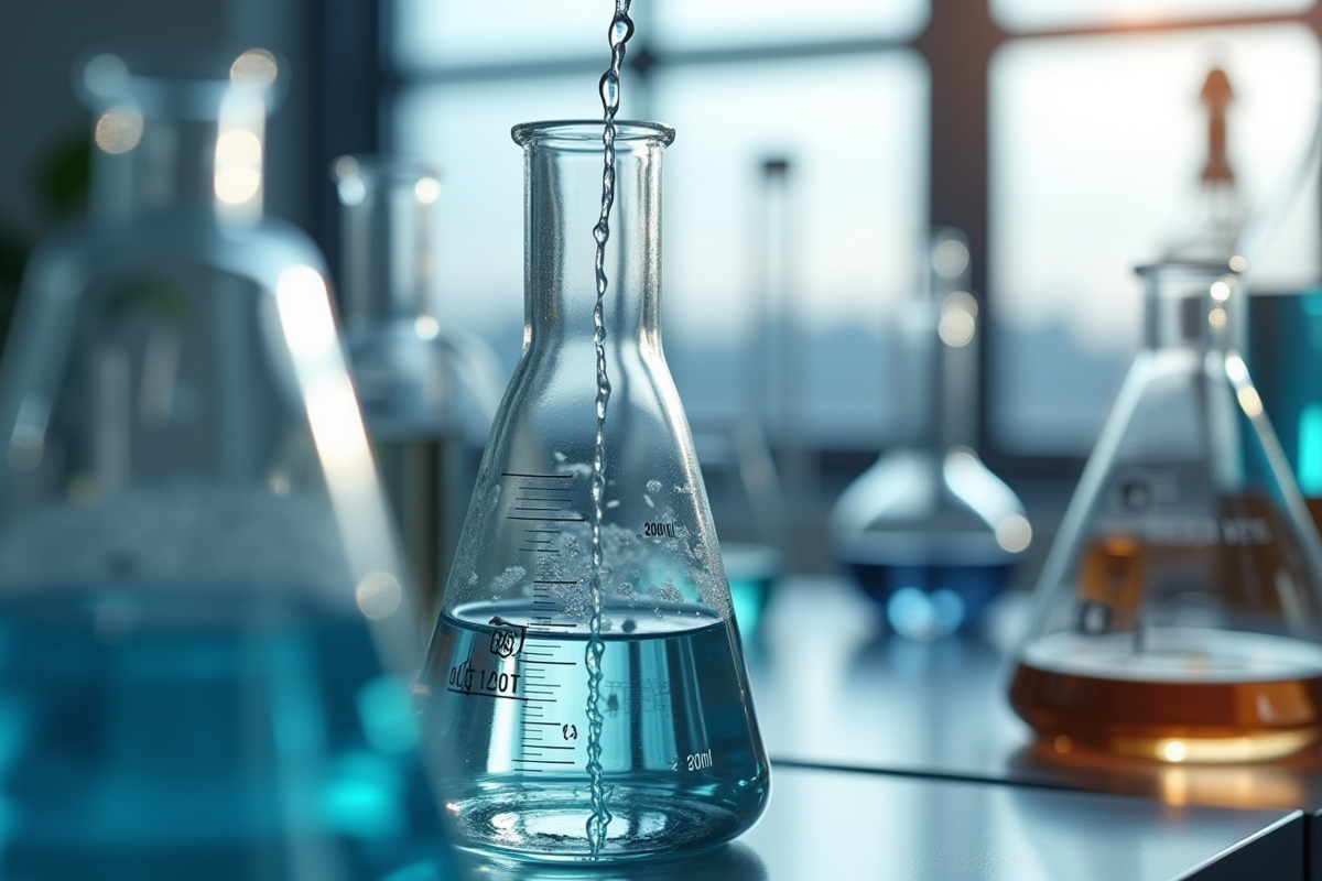 Scène de laboratoire avec liquide versé dans cylindre gradué à 800 ml